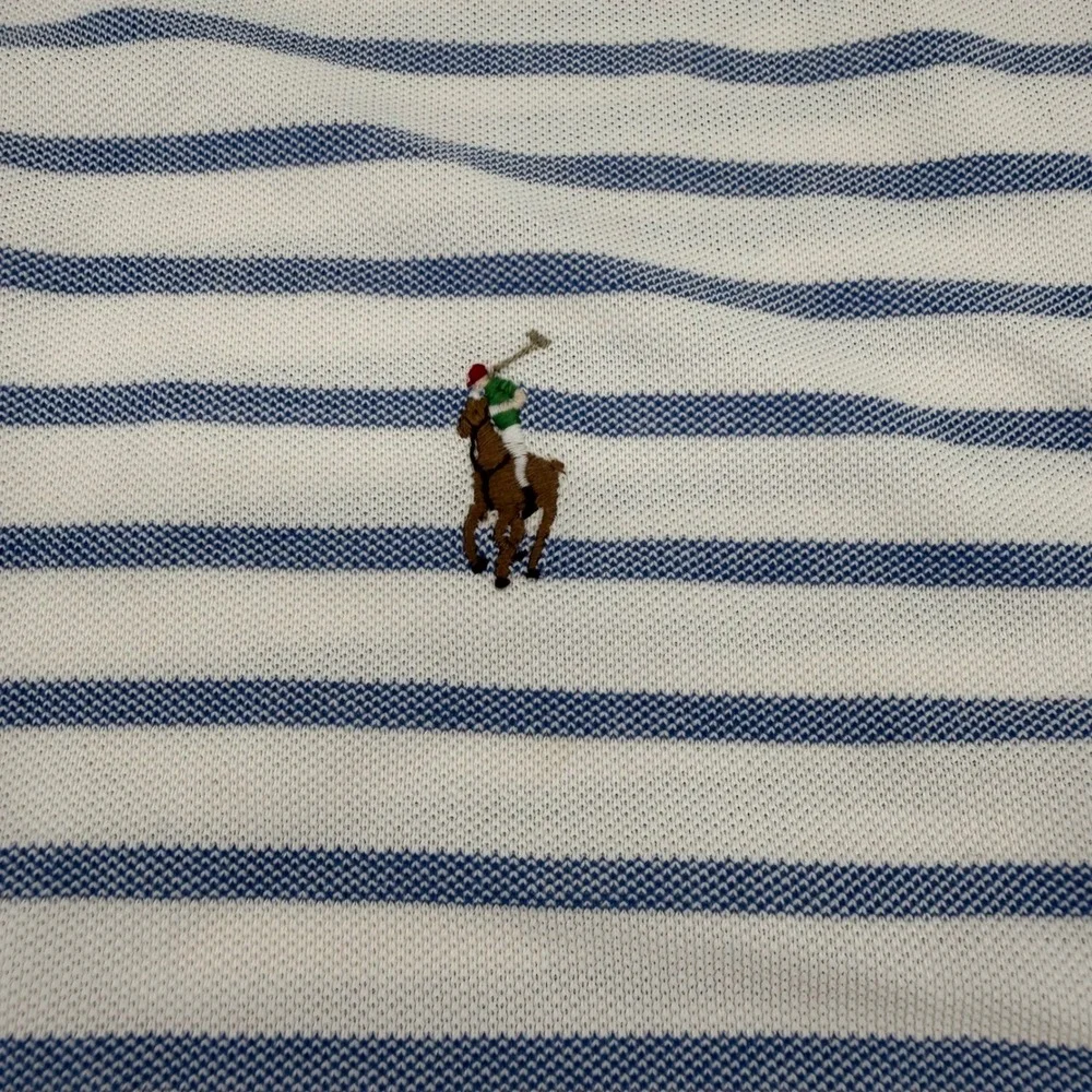 Ralph Lauren Knit Oxford Polo Shirt Mens Medium Blue White Striped Short Sleeve